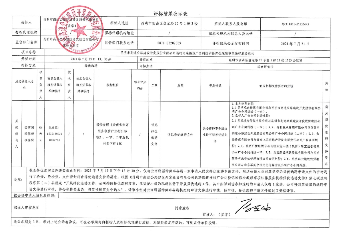 评标结果公示-昆明市高速公路建设开发股份有限公司选聘南连接线广告纠纷诉讼保全超额事项法律服务机构_00